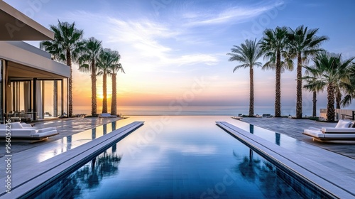 A luxurious setting at a high-end resort in the UAE, with infinity pools, palm trees, and the sea in the background.