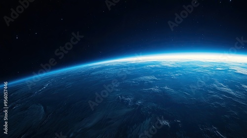 A mesmerizing view of Earthatmosphere at dawn, with a vibrant blue glow rising above the horizon from space. photo