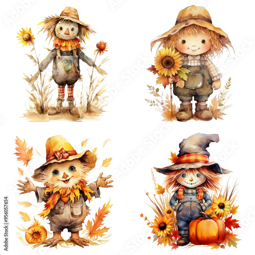 Watercolor Illustration of Four Cute Fall Scarecrow Characters photo