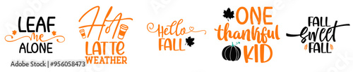 Modern Fall Bundle Trendy Retro Style Illustration, Calligraphic Lettering Set Vector Illustration for Magazine, Mug Design, Advertising