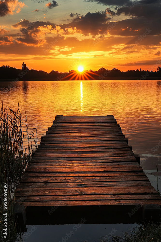 Fototapeta premium Sunset over a lake with a wooden pier