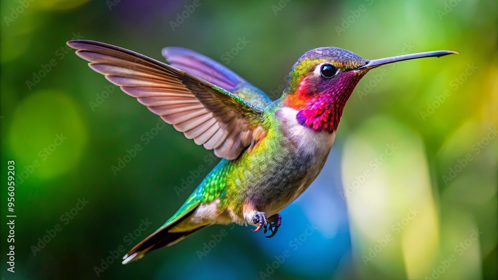 A vibrant hummingbird in mid-flight with wide-spread wings and extended beak reaching downwards A vibrant hummingbird in mid-flight with wide-spread wings and extended beak reaching downwards