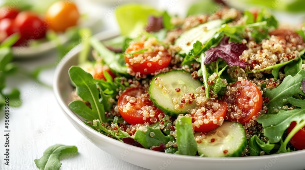 Close-up of a Quinoa Salad with Tomatoes, Cucumber, and Greens in a White Bowl Close-up of a Quinoa Salad with Tomatoes, Cucumber, and Greens in a White Bowl
