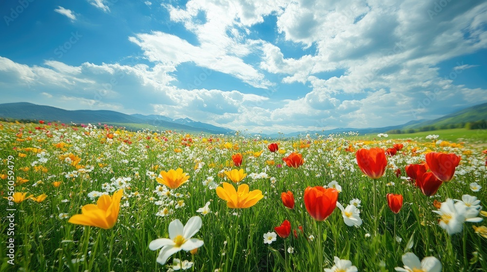 Obraz premium A picturesque field filled with blooming spring flowers in various colors, stretching out towards the horizon.