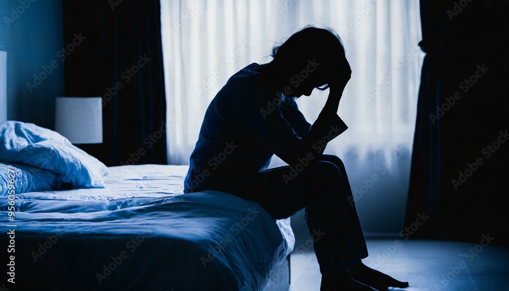A person sitting on a bed with an image of hard, tiring, tiredness, worries, and mental health. A person sitting on a bed with an image of hard, tiring, tiredness, worries, and mental health.