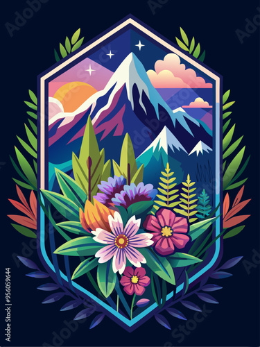 Floral Frame Enclosing a Mountain Landscape with Stars and Sunset