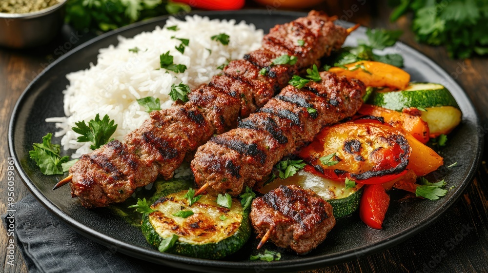 A plate of delicious Turkish kebabs served with rice, grilled vegetables, and fresh herbs. A plate of delicious Turkish kebabs served with rice, grilled vegetables, and fresh herbs.