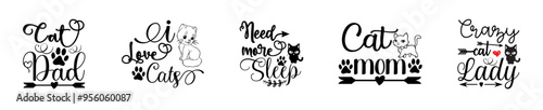 Simple Cat Bundle Cat Mom Calligraphic Lettering, Labels And Badges Collection Vector Illustration for Infographic, Bookmark, Stationery