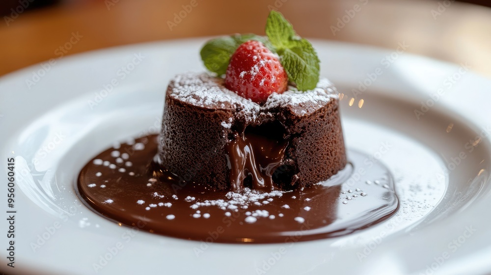 A rich chocolate lava cake with a gooey center, served on a white plate, with the warm chocolate oozing out A rich chocolate lava cake with a gooey center, served on a white plate, with the warm chocolate oozing out