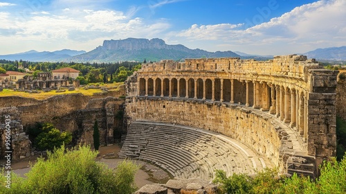 A scenic view of the ancient city of Aspendos, with its well-preserved Roman theater.