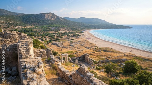 A scenic view of the ancient city of Patara, with its well-preserved ruins and sandy beach nearby.
