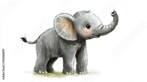 Watercolor Illustration of a Baby Elephant with Its Trunk Up