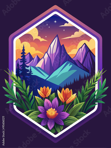 Mountain Landscape with Purple Flowers and a Sunset Sky