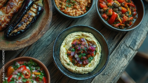 A selection of Turkish meze, including hummus, eggplant salad, and stuffed peppers, on a rustic table.