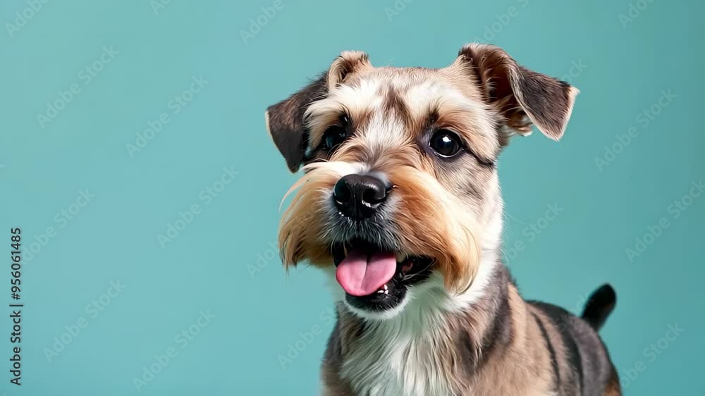 A playful small dog with a beautiful brown and gray coat stands against a bright teal background. Its happy expression and tongue out convey a lively, friendly personality. A playful small dog with a beautiful brown and gray coat stands against a bright teal background. Its happy expression and tongue out convey a lively, friendly personality.