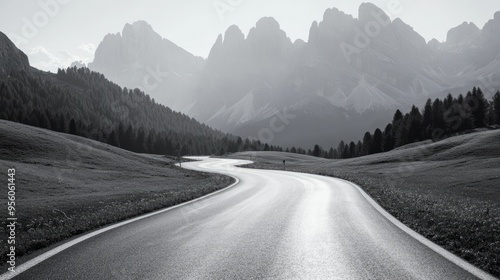 A serene empty country road winding through Venegia Valley, surrounded by the jagged peaks of the Dolomites under a clear sky. photo