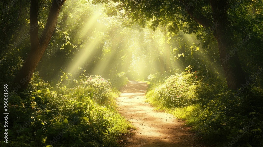 A serene path in a quiet forest, with the sunlight streaming through the canopy of leaves A serene path in a quiet forest, with the sunlight streaming through the canopy of leaves