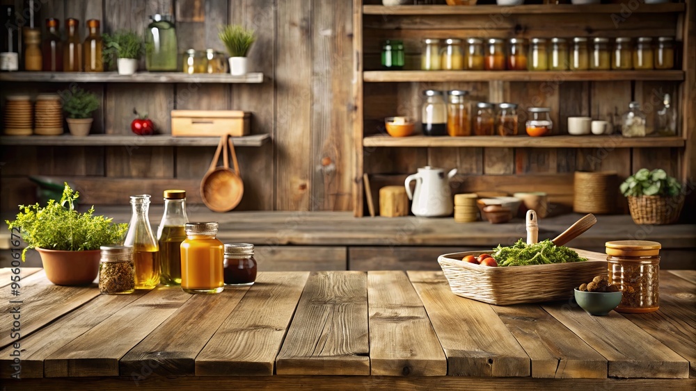 Products displayed on an empty wooden table Products displayed on an empty wooden table