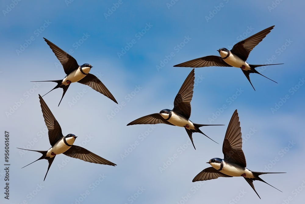 Obraz premium Agile Swallow Birds in Flight Against a Blue Sky