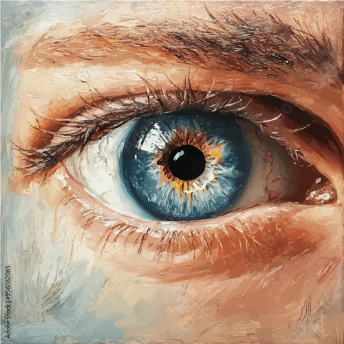 Hyper-realistic painting of a blue eye, capturing intense detail and emotion.