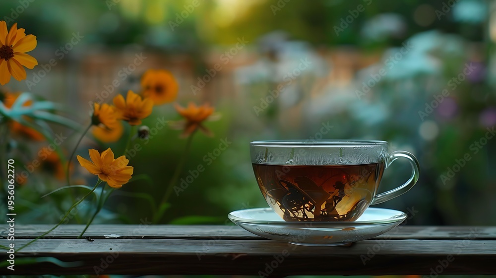 Fototapeta premium Glass teacup and black tea in a ceramic cup with a summertime outdoor backdrop