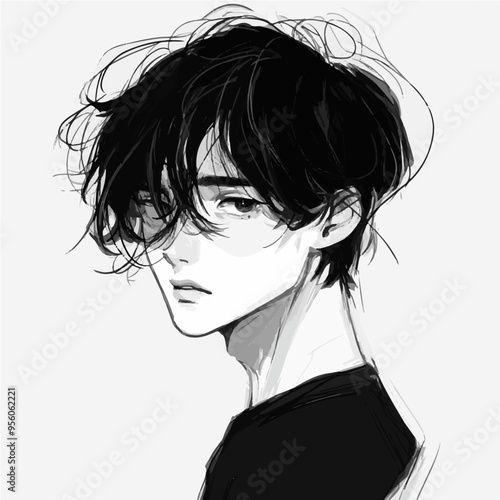 Sketch of a boy with messy black hair, capturing a melancholic expression, ideal for emotional illustrations.