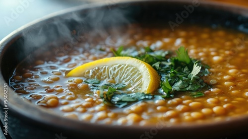 A steaming bowl of Turkish mercimek orbas (lentil soup) with a slice of lemon and fresh herbs. photo