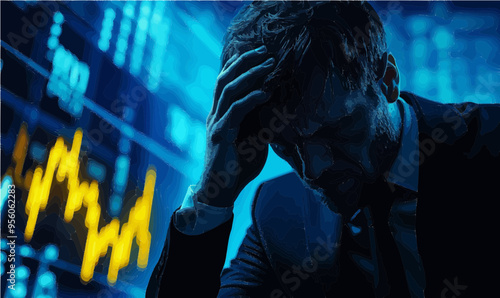 Vector illustration of a distressed businessman holding his head in despair in front of a declining stock market chart. Perfect for illustrating financial loss or crisis.