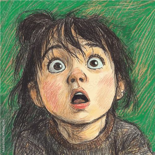 Realistic illustration of a young girl with an amazed expression, drawn with vibrant colors. Perfect for storytelling, children's books, and expressive art projects.