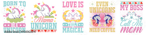 Modern Unicorn Tshirt Design Bundle Hand Lettering, Typography Set Vector Illustration for Decal, Sticker, Greeting Card