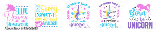 Colourful Unicorn Bundle Typographic Emblems, Phrases Pack Vector Illustration for Logo, Stationery, Greeting Card