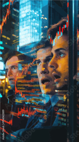 Vector illustration of business professionals looking at fluctuating stock prices with concern. Perfect for illustrating market volatility or economic instability.