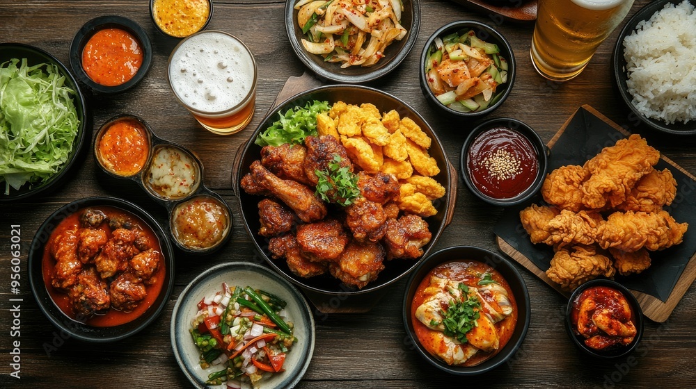 A tempting spread of chimaek, featuring golden fried chicken and a cold beer, ready to be enjoyed. A tempting spread of chimaek, featuring golden fried chicken and a cold beer, ready to be enjoyed.