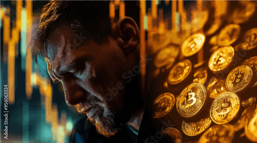 Vector montage split into two parts, showing a stressed man and digital cryptocurrency symbols. Perfect for illustrating the emotional impact of crypto market volatility.
