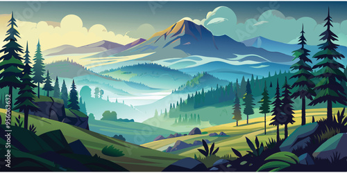landscape view over foggy forest with hills vector art illustration