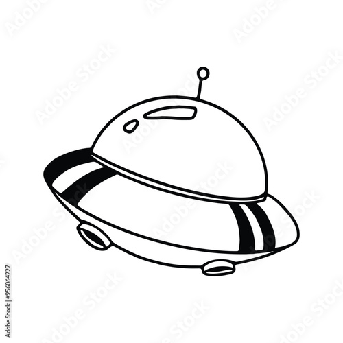A black and white line drawing of a UFO in the classic flying saucer design.