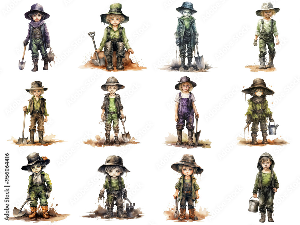 Watercolor Illustration of 12 Little Gardeners with Different Personalities Watercolor Illustration of 12 Little Gardeners with Different Personalities