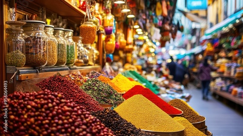 A traditional Turkish market stall displaying an array of colorful spices and herbs.