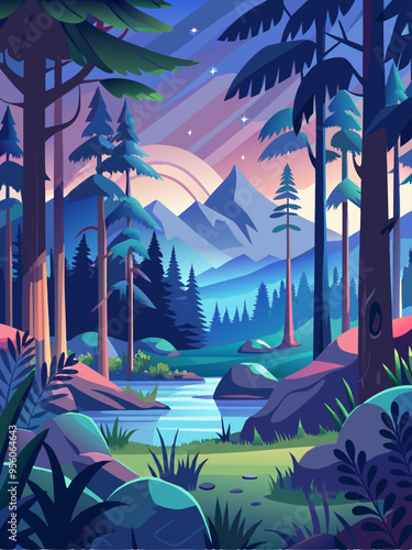 A Serene Forest Path Leading to Majestic Mountains under a Starry Sky