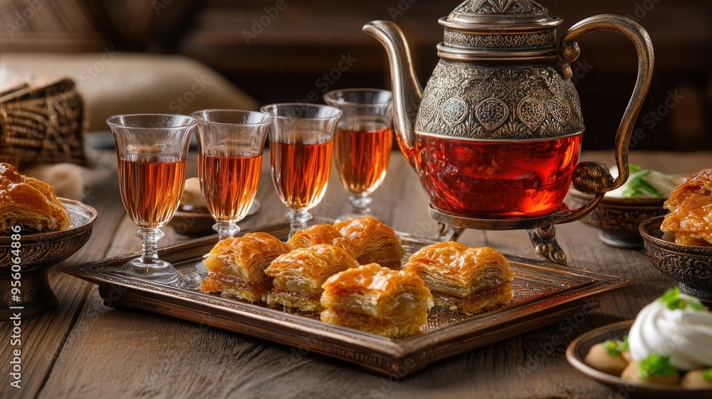 A traditional Turkish tea set with tulip-shaped glasses and a tray of assorted baklava. A traditional Turkish tea set with tulip-shaped glasses and a tray of assorted baklava.