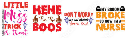 Colourful Halloween Tshirt Design Bundle Trendy Retro Style Illustration, Phrases Set Vector Illustration for Printable, Brochure, Greeting Card