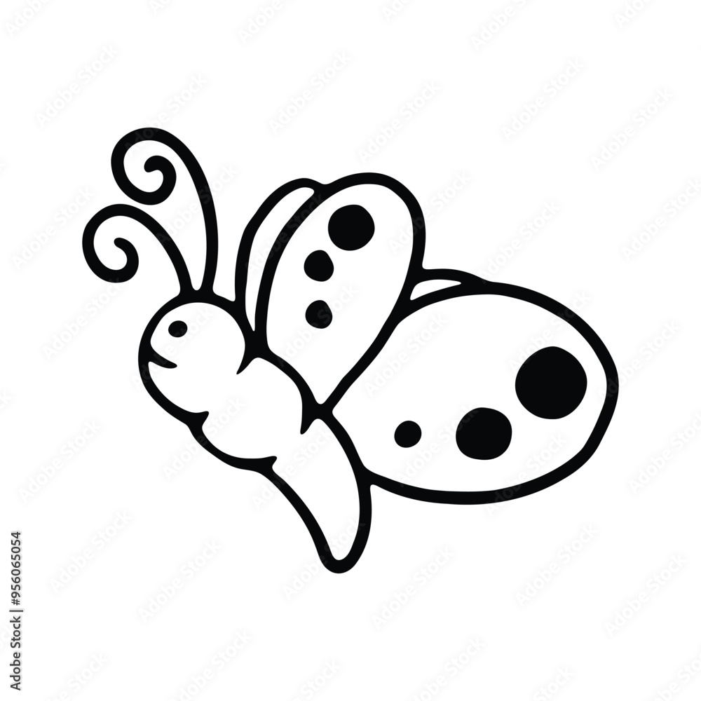 Obraz premium A black and white line drawing of a whimsical butterfly with decorative swirled antennae and dotted wings.