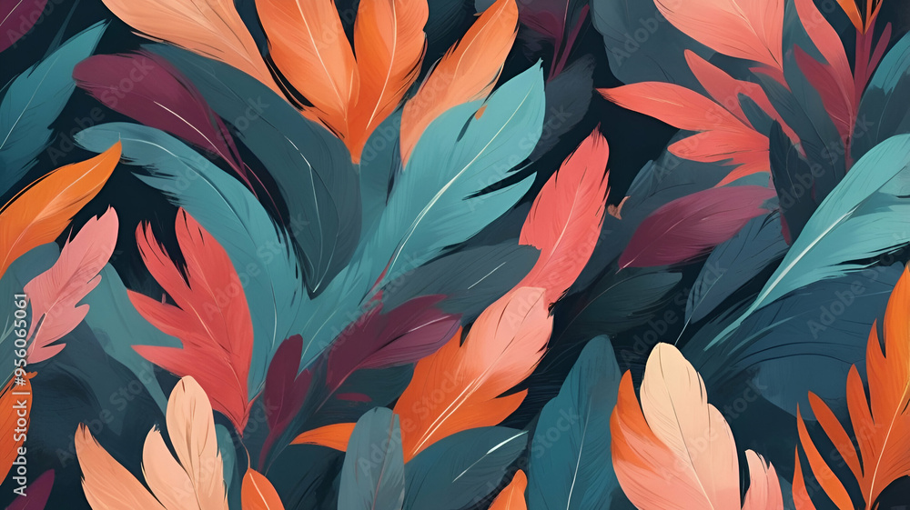 Abstract wall paper featuring dynamic, leaf patterns in vibrant colors like turquoise, coral, orange, and deep navy. The fluid brush strokes create a sense of movement and energy, Abstract wall paper featuring dynamic, leaf patterns in vibrant colors like turquoise, coral, orange, and deep navy. The fluid brush strokes create a sense of movement and energy,