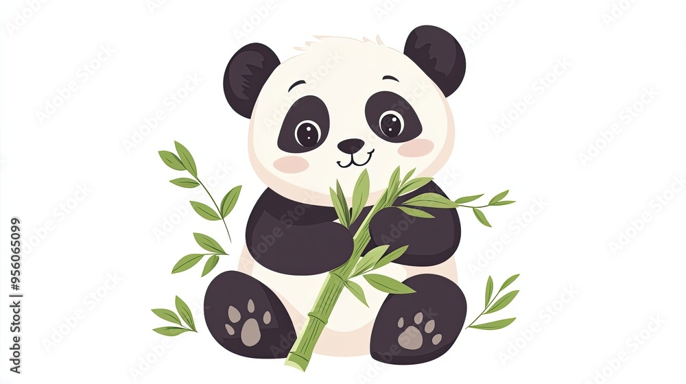 Fototapeta premium Adorable Cartoon Panda Holding Bamboo Shoots