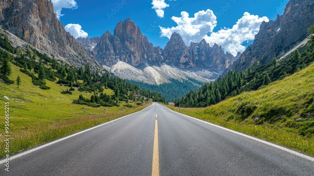 A tranquil country road through Venegia Valley, with majestic jagged Dolomite peaks and a vibrant blue sky. A tranquil country road through Venegia Valley, with majestic jagged Dolomite peaks and a vibrant blue sky.