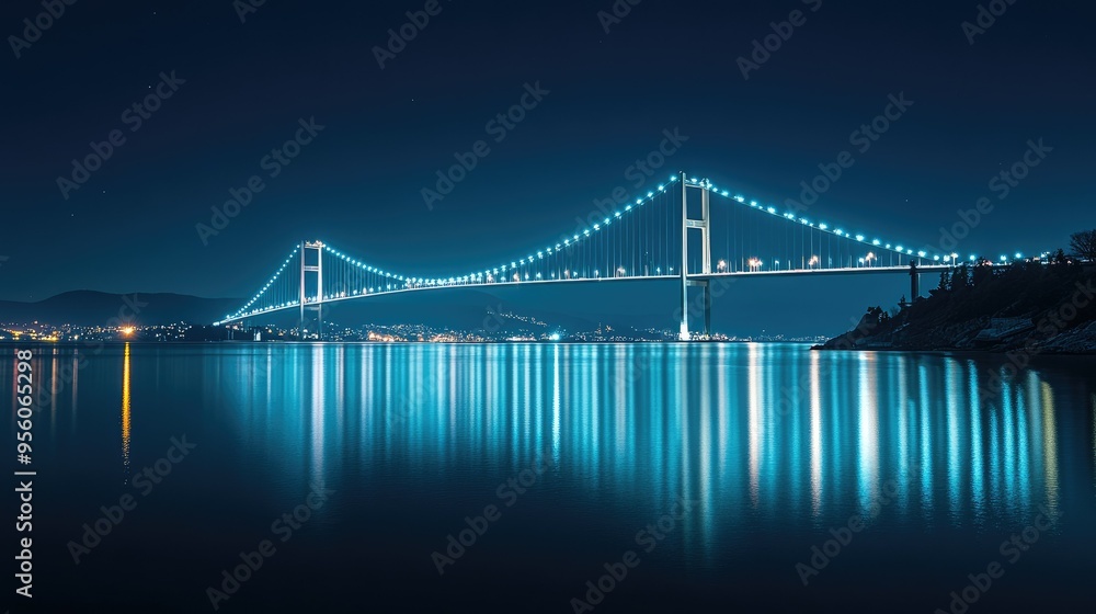 Fototapeta premium A tranquil scene of the Bosphorus Bridge illuminated at night, connecting Europe and Asia.