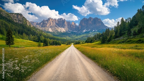 A tranquil country road through Venegia Valley, with majestic jagged Dolomite peaks and a vibrant blue sky. photo