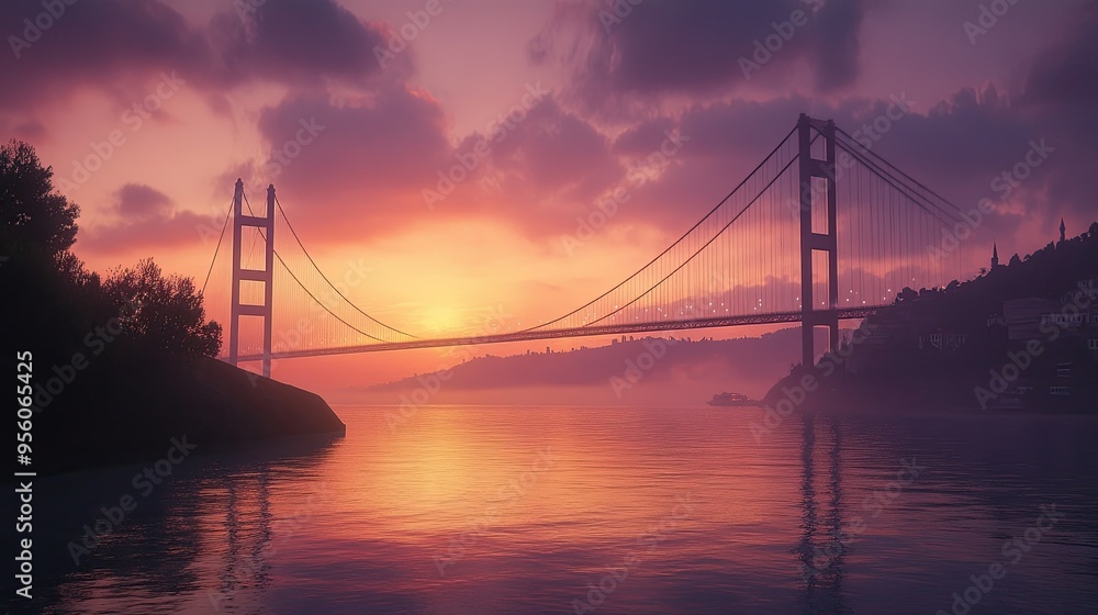 A tranquil view of the Bosphorus Bridge at dawn, with soft light illuminating the scene. A tranquil view of the Bosphorus Bridge at dawn, with soft light illuminating the scene.