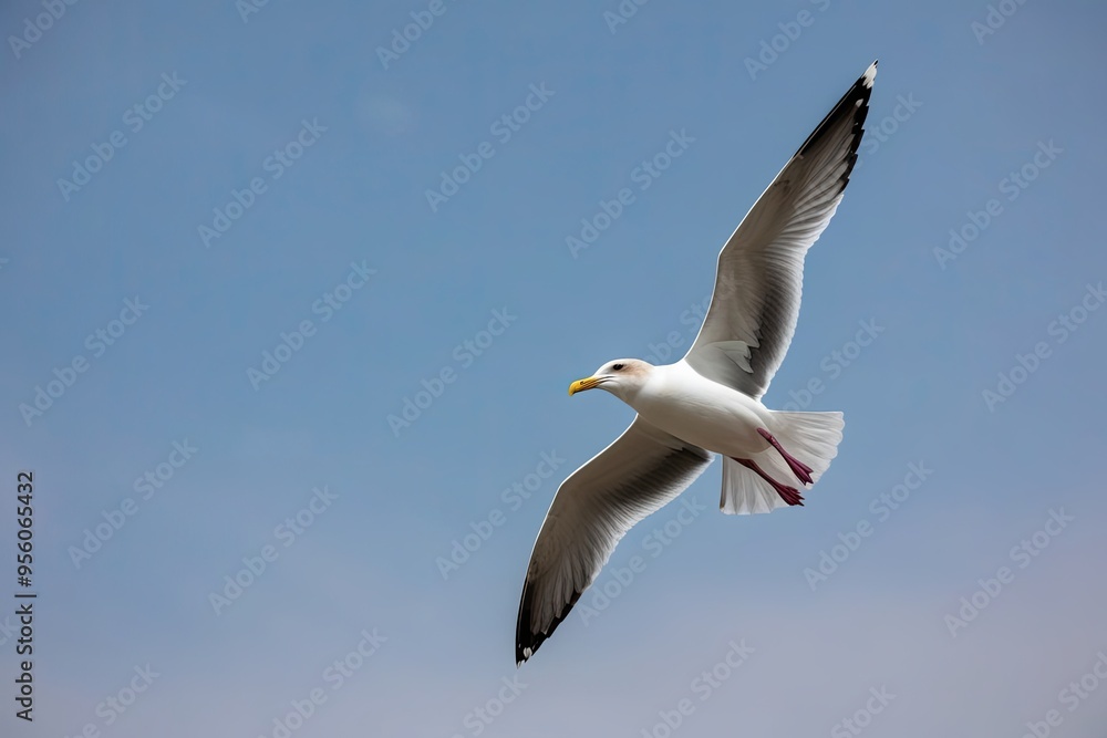 Majestic Seagull Gliding Through Clear Blue Sky Majestic Seagull Gliding Through Clear Blue Sky