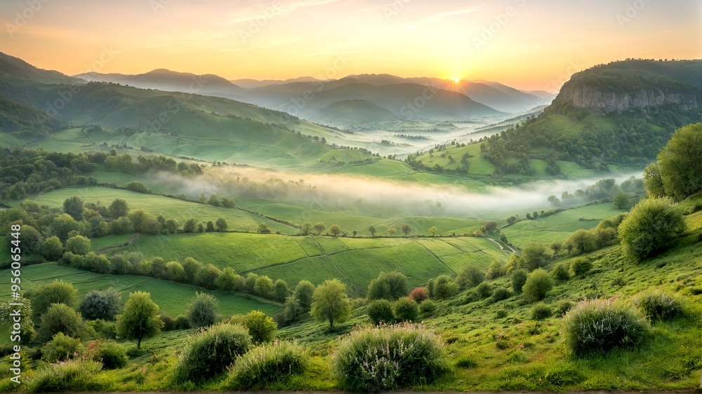 Obraz premium Morning Mist in the Valley: A breathtaking aerial view of a lush green valley bathed in the golden light of the rising sun. 2